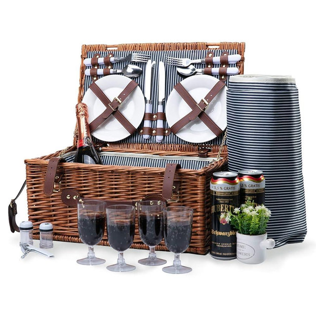 Wicker Picnic Basket for 4 with Waterproof Picnic Blanket, Large Insulated Cooler Compartment, Wine Bag,Cutlery Set,for Camping,Day Travel,Beach,Hiking,BBQ and Family/Couples Gifts