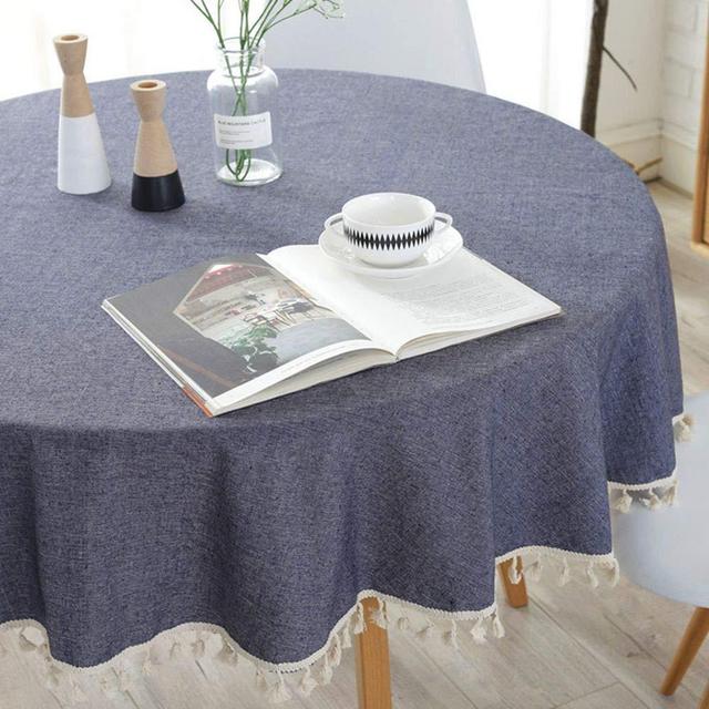 Lahome Solid Color Tassel Tablecloth - Cotton Linen Round Table Cover Kitchen Dining Room Restaurant Party Decoration (Navy, Round - 60")