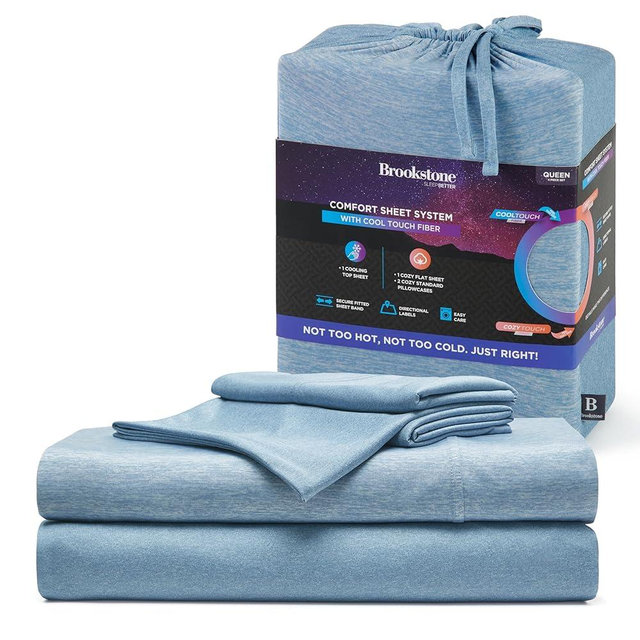 Brookstone Comfort Queen Sheet Set - Innovative Cooling Sheets for Hot Sleepers - Deep Sleep with Temperature Regulation - 4-Piece Set of Soft Flat, Fitted Sheet, & Two Pillowcases - Faded Denim