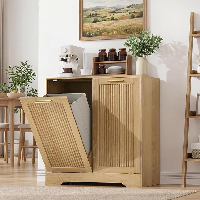Smuxee Double Tilt Out Laundry Hamper Cabinet, Hidden Laundry Cabinet with Double Baskets, Natural Trash Can with Small Fluted Doors for Bathroom, Kitchen