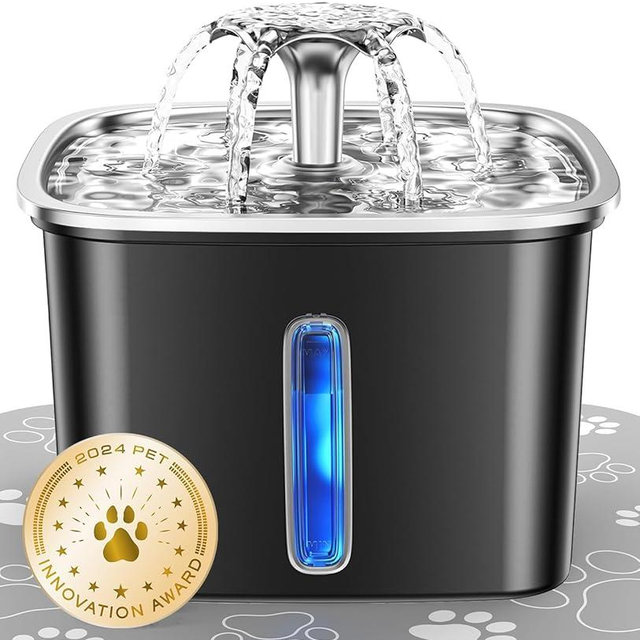 Veken Innovation Award Winner Stainless Steel Cat Water Fountain, 95oz/2.8L Automatic Pet Fountain Dog Water Dispenser with Replacement Filters & Silicone Mat for Cats, Dogs (Space Black)