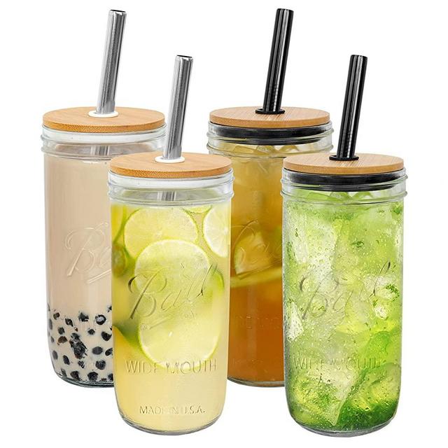 Mason Jar with Lid and Straw, 24oz Wide Mouth Mason Jar Drinking Glasses Tumbler, Silicone Sleeve Bamboo Lid, Reusable Boba Cups Travel Bottle for Iced Coffee Large Pearl Juices Cocktail, 4 Packs