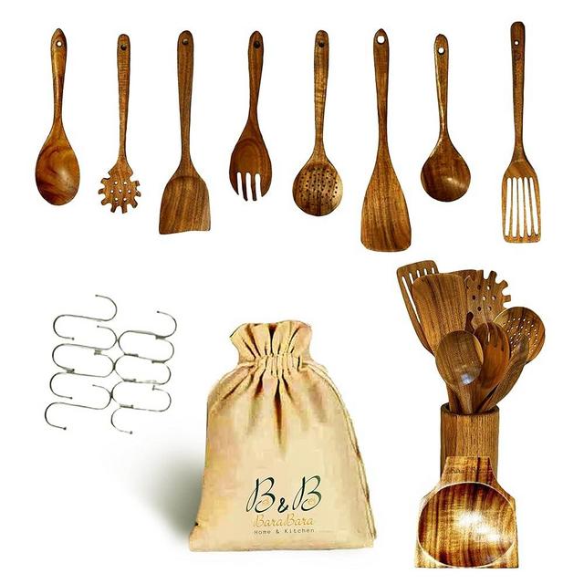 BaraBara Wooden Utensils for Cooking with Utensils Holder - Kitchen Utensils with Wooden Spoons, Hooks, and Spatula Set - Non Stick Wooden Utensils Tool Set of 8 - 100% Natural Teak Wooden Utensil Set