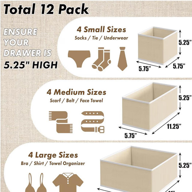 Simple Houseware Foldable Drawer Organizer Set of 12, Beige – Fabric Storage Bins for Clothes, Underwear, Bra, Panty, Socks, Onesies – Closet & Dresser Drawer Dividers for Home Organization