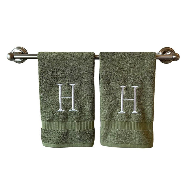 Sage Initial Hand Towel for Bathroom - Monogrammed Luxury Hotel Quality Decorative Embroidered Towel for Powder Room, Spa - GOTS Organic Certified - Set of 2 Letter H