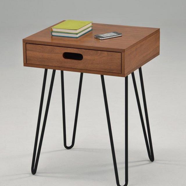 Dark Oak Finish Side End Table Nighstand Black Metal Legs with One Drawer 24&quot;H - Mid-Century Style