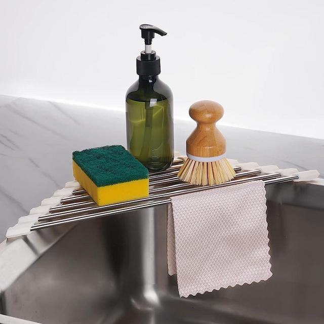 Tomorotec Triangle Roll-Up Dish Drying Rack Sink Corner Small Foldable Stainless Steel Over The Sink Multipurpose Kitchen Drainer Caddy Organizer Storage Space Saver Shelf Holder (Coconut Milk White)