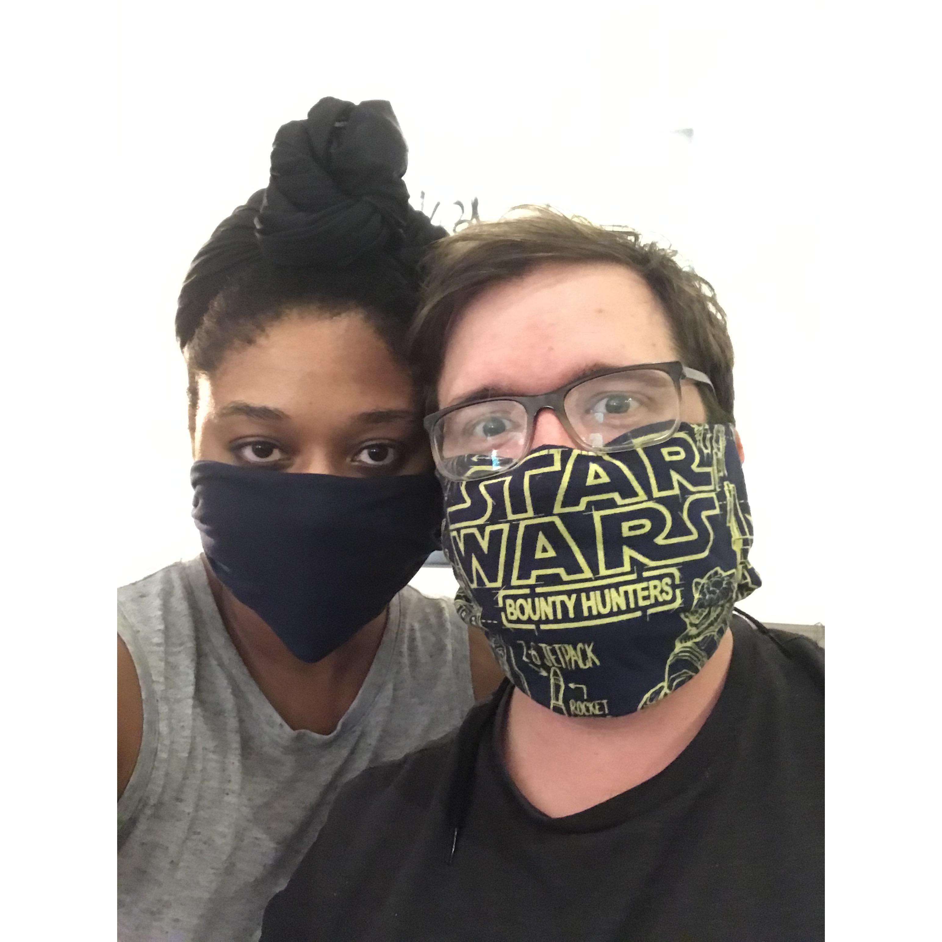 We moved in together to self-isolate during COVID, and it made our relationship even stronger. We hand-sewed these masks together when there was a mask shortage.