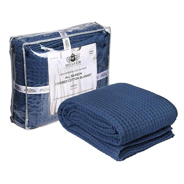 HILLFAIR 100% Combed Cotton Blanket– Queen Size Bed Blanket– Warm Soft All Season Breathable Lightweight Summer Blankets– Waffle Weave Home Decor Bed Blanket- Navy Queen Bed Cotton Blankets/Bedcover