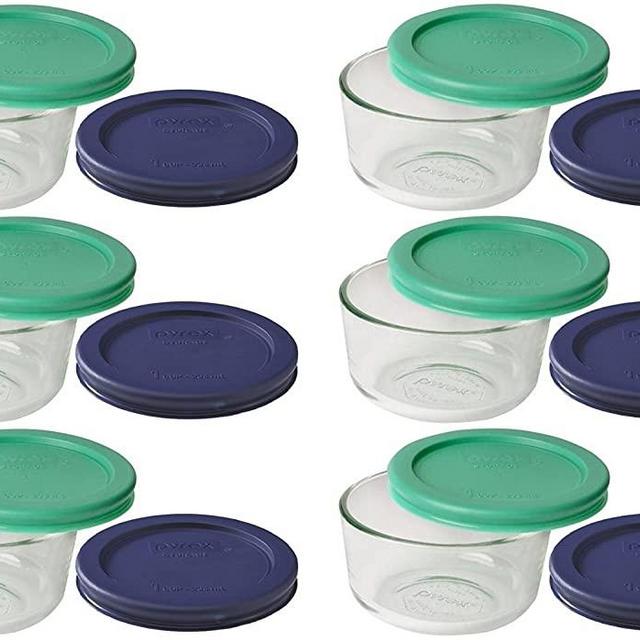Pyrex Storage 1 Cup Round Dish, Clear with Green + Blue Lids, Pack of 6 Containers