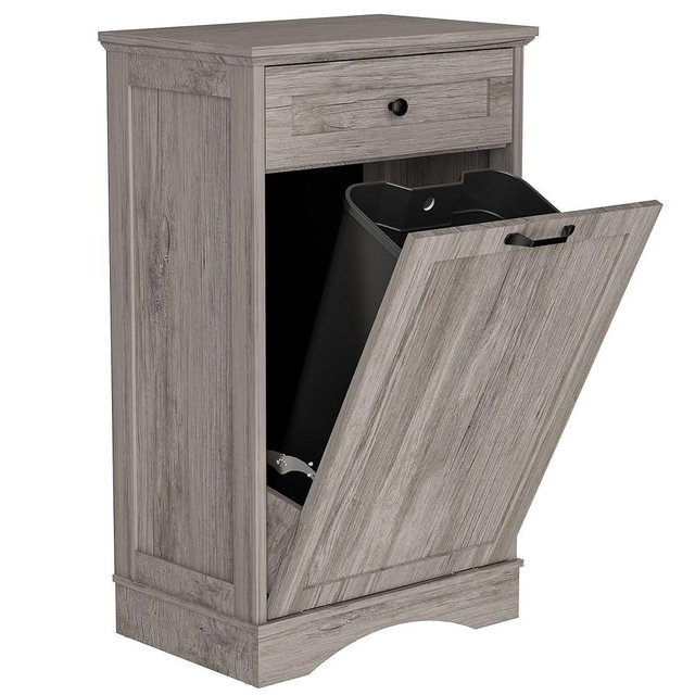 AHB 13 Gallons Tilt Out Trash Cabinet Free Standing Kitchen Trash Cabinet Recycling Garbage Cabinet with Hideaway Drawer Pet Proof Trash Can Holder for Kitchen Living Room, Grey