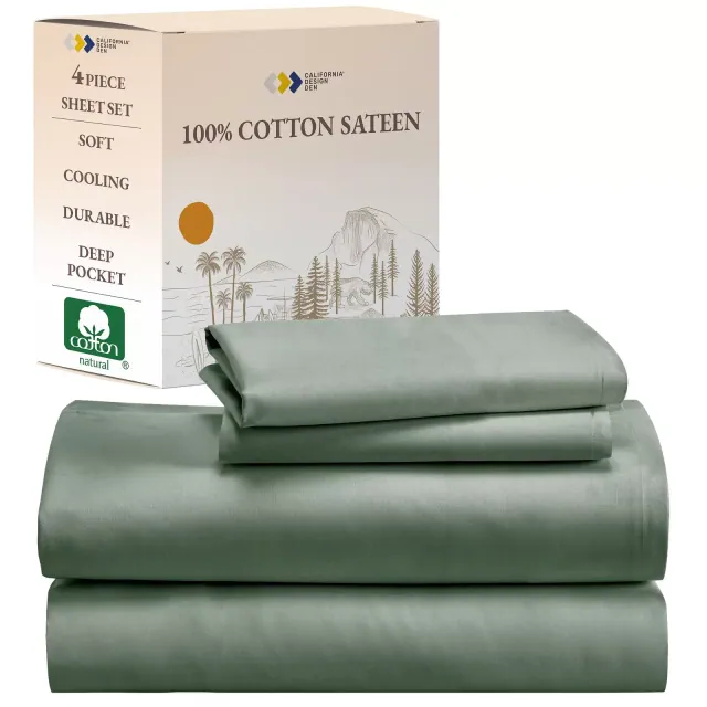 Soft 100% Cotton Sheets Set - Cooling Durable Sateen, Deep Pocket - by California Design Den - Sage Green, Queen