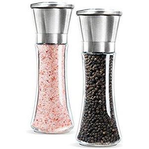 Set of 2- Brushed Stainless Steel Pepper Mill and Salt Mill, 6 Oz Glass Tall Body, Adjustable Ceramic Rotor