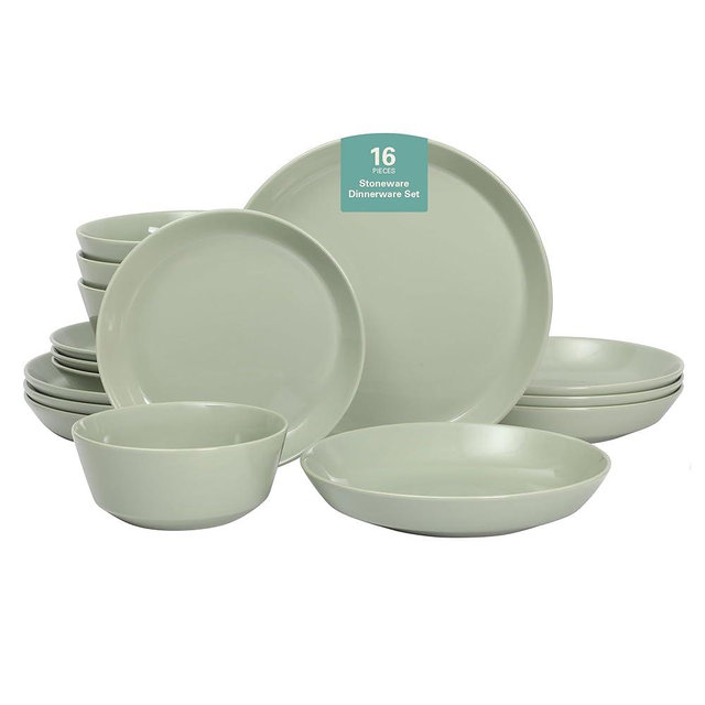 Gibson Home Summer Shades 16 Piece Plates and Bowls Dishes Service for 4 Porcelain Dinnerware Set - Green