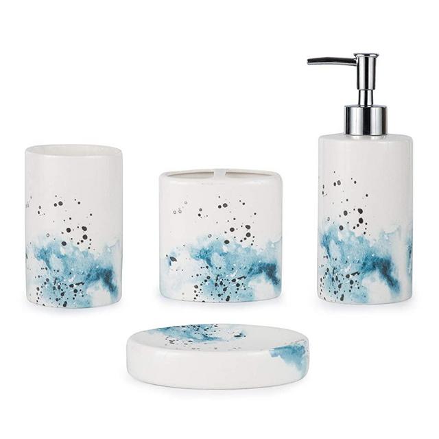 Ceramic 4-Piece Bathroom Accessories Set Complete Hand Paint Bath Countertop Aceessory Soap Dispenser Set