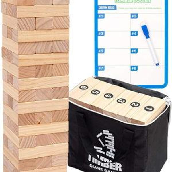 Outdoor Games Large Tower Stacking Game, 54 Wooden Blocks, Stack Up to 4 Ft Tall, Includes Carry Bag and Scoreboard, Backyard and Beach Lawn Yard Fun for Adults and Family