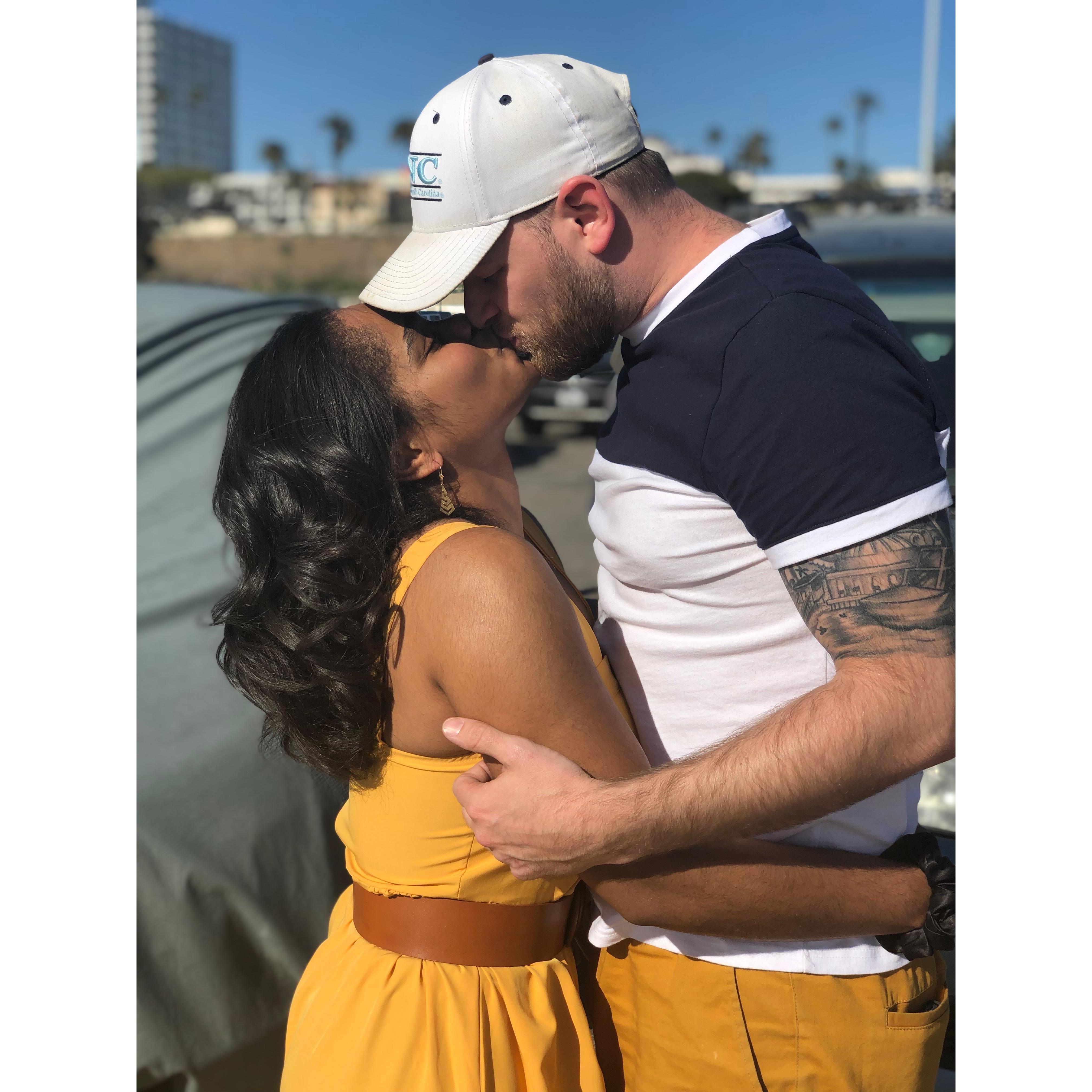 Re-enacting our first kiss at the Santa Monica Pier