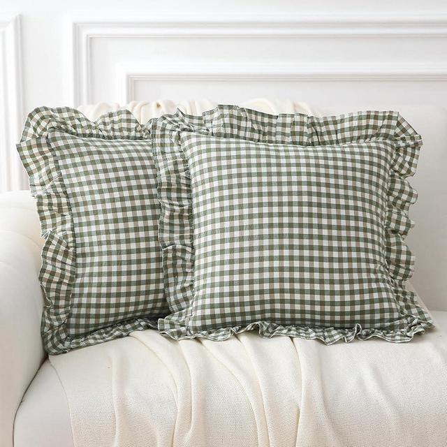 K MASANIJI 2 Pack Sage Green White Plaid Ruffle Throw Pillow Covers 18x18 inches, 100% Cotton Gingham Checkered Farmhouse Decorative Pillow Shams for Bed/Sofa (18x18 inches, Sage Green/White Plaid)