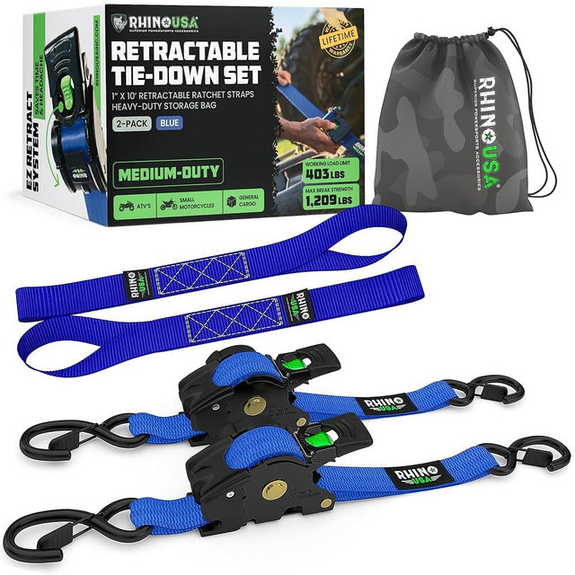 Rhino USA Retractable Ratchet Straps (2-Pack) - 1 Inch x 10 Feet (1,209lb Break Strength) - Heavy Duty Auto Self Retracting Tie Down Straps for Truck, Cargo Trailer, Motorcycle, Rad & More - Blue