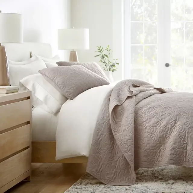 Stripes Floral and Diamonds Quilted Coverlet Set With Shams - Becky Cameron, Floral Stitch / Latte, King/California King