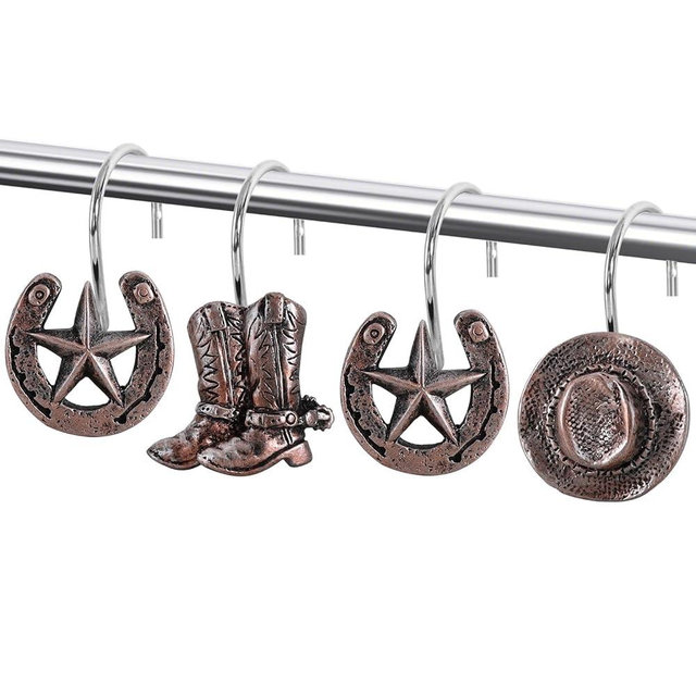 CTOHN 12-Piece Western Shower Curtain Hooks, Cowboy Stainless Steel Decorative Shower Hangers Rings for Country Farmhouse Bathroom Decor