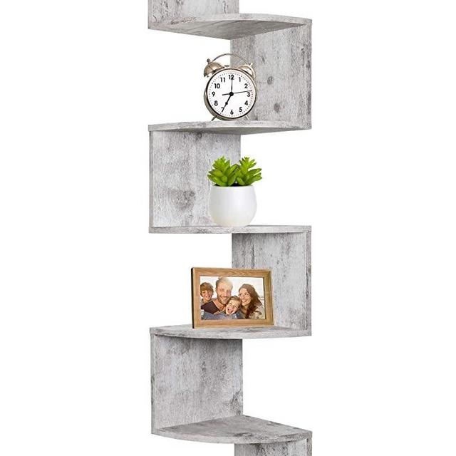 Greenco 5 Tier Wall Mount Corner Shelves Rustic White Finish, 7.75" L x 7.75" W x 48.5" H.