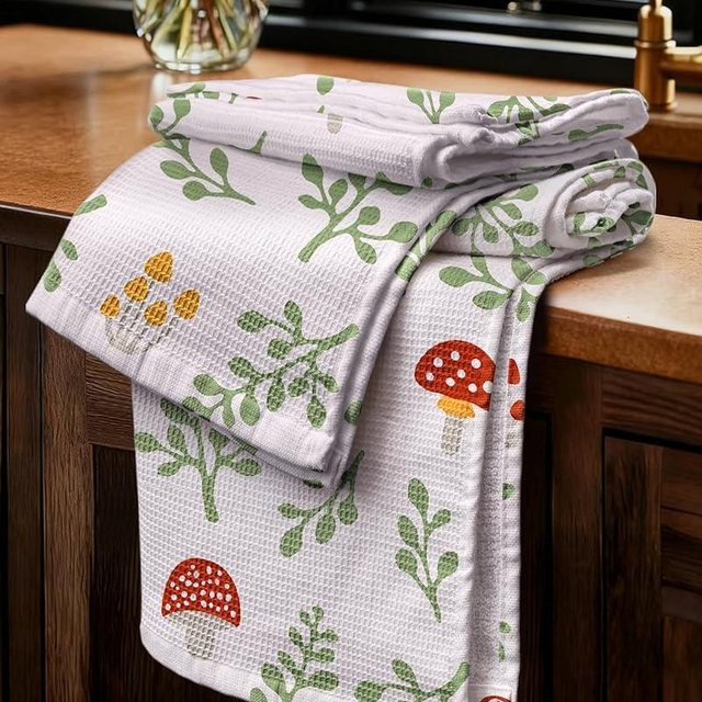 Miss Adola Waffle Cotton Kitchen Towels Set of 2-16x26 Inch Waffle Weave Dish Cloths with Hanging Loop Absorbent Reusable Hand Tea Towels Cute Design Home Decorative Housewarming, Mushroom Leaf