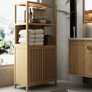 Bamboo Storage Cabinet, Freestanding Bathroom Cabinet with 2 Doors, Floor Cabinet Organizer - Neutral