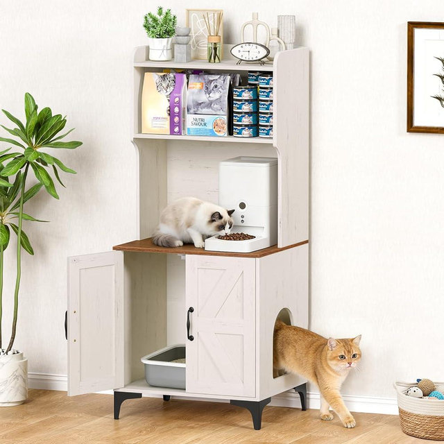 Snughome Cat Litter Box Enclosure with Storage Shelves, 2-in-1 Modern Cat Litter Box Enclosure Furniture Hidden, Wooden Cat Washroom Cat House with Metal Legs, Fit Most of Litter Box, White
