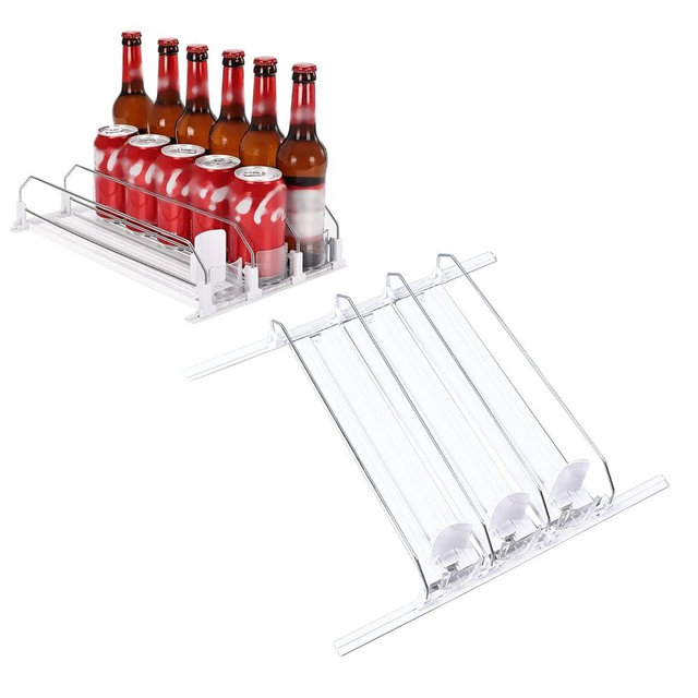 lvifloae 38cm Drink Organizer for Fridge Automatic Pusher Glide 12oz 16oz 20oz Drink Soda Dispenser for Fridge Width Adjustable E Shaped (White)