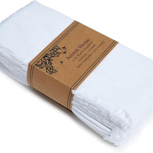 ACCENTHOME White Cotton Linen Napkin Set of 6 18x18 inch Dinner Napkins - Washable Soft Premium Hotel Quality Reusable Hemmed Edges Napkins Perfect Table Linens for Family Dinners, Weddings