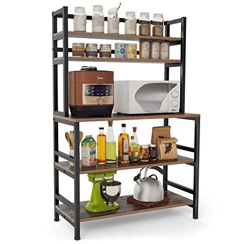 Tribesigns 5-Tier Kitchen Bakers Rack with Hutch, Industrial Microwave Oven Stand, Free Standing Kitchen Utility Cart Storage Shelf Organizer (Rustic Brown)
