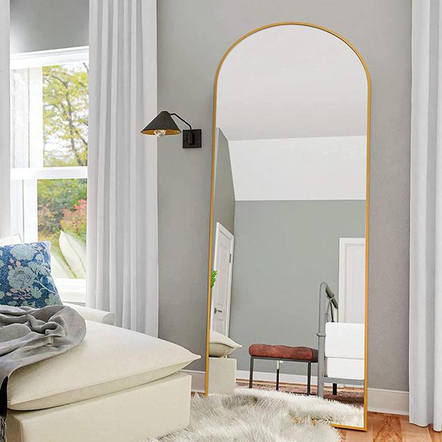 NeuType Arched Full Length Mirror Standing Hanging or Leaning Against Wall, Oversized Large Bedroom Mirror Floor Mirror Dressing Mirror, Aluminum Alloy Thin Frame, Gold, 65"x22"