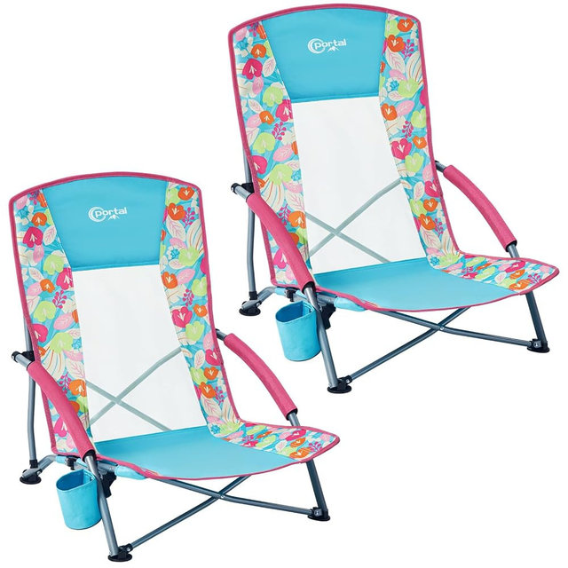 Portal Beach Chairs for Adults Camping Low Lightweight Portable Chair with Cup Holder Mesh Back Carry Bag for Outdoor Sand Lawn Travel Picnic Festival Concert