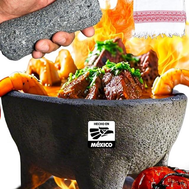 Cempasuchil™ Authentic Molcajete Mexicano Volcanic Rock (8 in) + Big Pestle + Mex-Towel (3-Pcs-Set) High-Heat Resistant, Mexican Mortar and Pestle Set, Guacamole Bowl and Masher