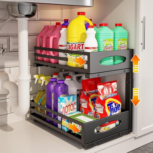 mixeshop Under Sink Organizer, Pull Out Cabinet Organizers, Slide Sink Steel Shelf Cabinet Storage Shelves, Under Sink Storage for Kitchen Bathroom Cabinet (Black, 1 Pack)