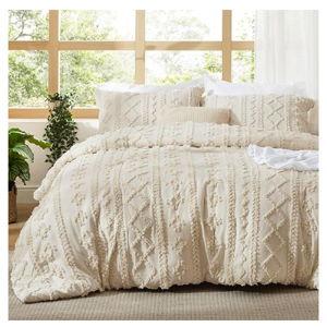 Bedsure Tufted Boho Comforter Set Oversized Queen - Beige Boho Bed Set, GentleSoft™ 3 Pieces Farmhouse Shabby Chic Embroidery Bedding, Gifts for Woman, Soft Jacquard Comforter for All Seasons