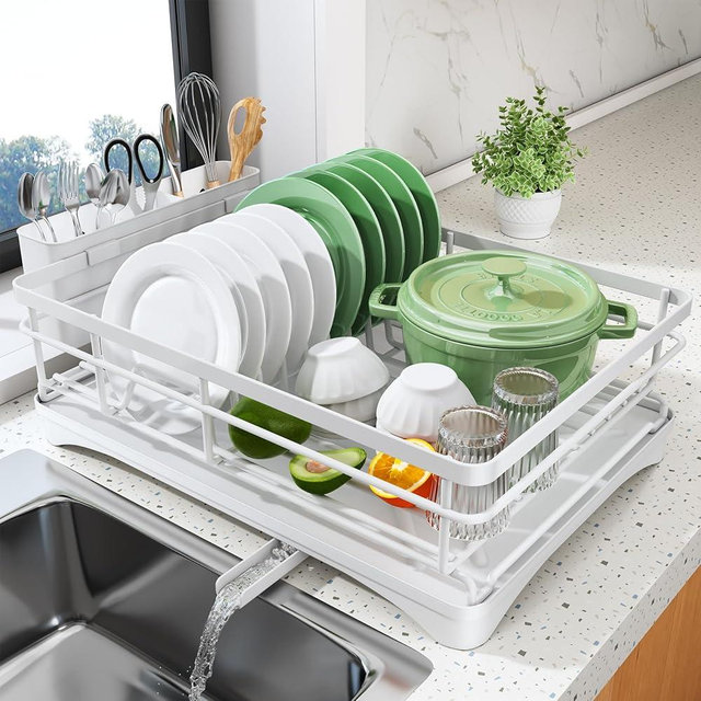 Dish Drying Rack - Stainless Steel Dish Rack for Kitchen Counter, Large-Capacity Dish Drainer with Cutlery Holder, Kitchen Organizer for Dishes, Spoons and Forks, White