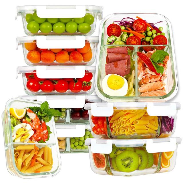 Bayco 9 Pack Glass Meal Prep Containers 3 2 1 Compartment, Glass Food Storage Containers with Lids, Airtight Glass Lunch Bento Boxes, BPA-Free Leak Proof (9 lids 9 Containers) - White