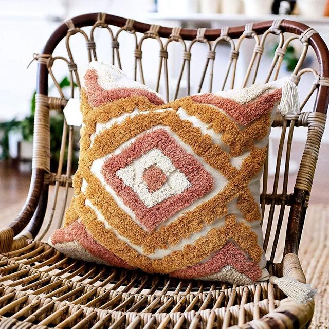 Merrycolor Boho Throw Pillow Covers 18x18 with Tassels, Decorative Pillow Covers Woven Tufted Bohemian Pillow Covers for Couch Sofa Bedroom Living Room (Orange)