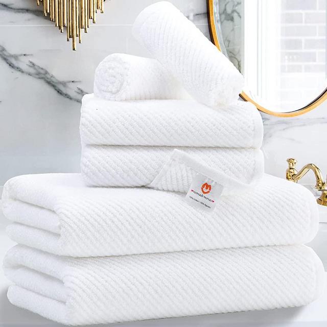 Soft Absorbent White Bath Towel Set with Gift Box, Cotton Quick-Dry Bathing Towels for Bathroom, 100% Cotton Bath Towel Set, Includes 6 Pieces - 2 Bath Towels, 2 Hand Towels, 2 Washcloth (White)