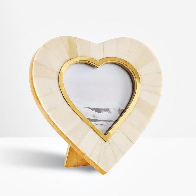 Lunara Handcarved Bone and Brass Inlay Heart Frames, 3"x 3"