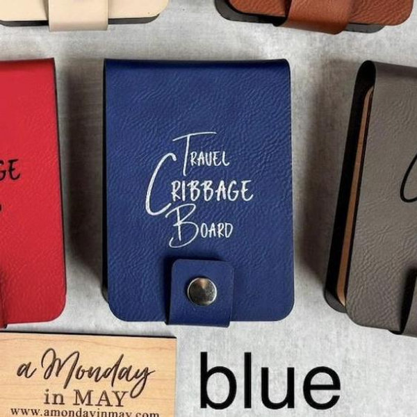 Travel Cribbage Board Game, Pocket Cribbage, Mini Cribbage, Full Track, Leatherette Case, Card & Peg Storage - Blue