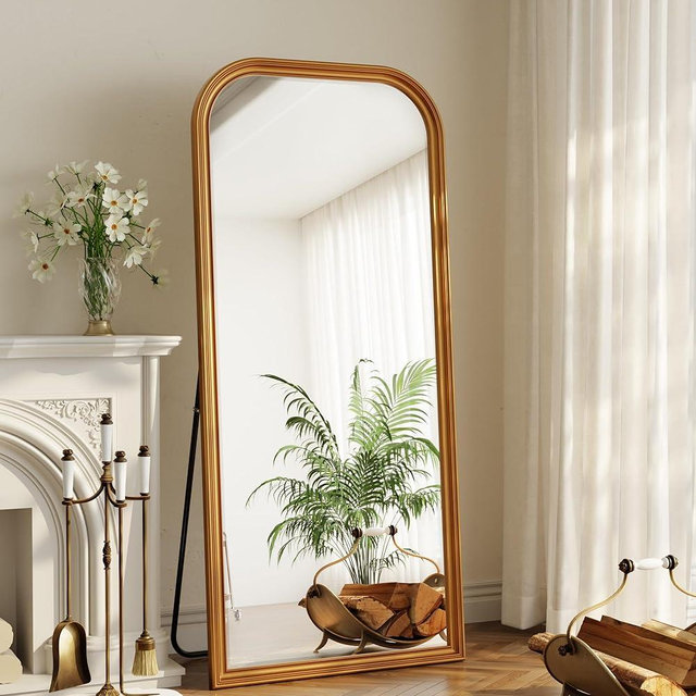 VETROVUE 32"×71" Rounded Top Large Full Length Mirror, Arched Vintage Floor Stangding Body Mirror - PU Frame, Wall Mounted Hanging Leaning Antique Decor for Dressing Room, Entryway, Bedroom, Gold