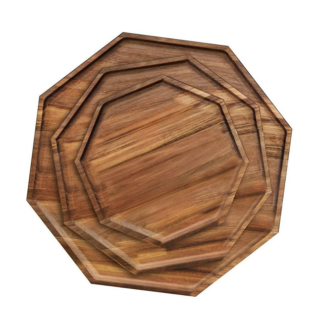 MOJIEZUO Set of 3 Acacia Wood Serving Trays, Octagonal Wooden Platters for Vegetable,Fruit, Charcuterie Boards,Cheese Boards and Decorative Coffee Tea Platters (8 in & 10 in & 12 in)