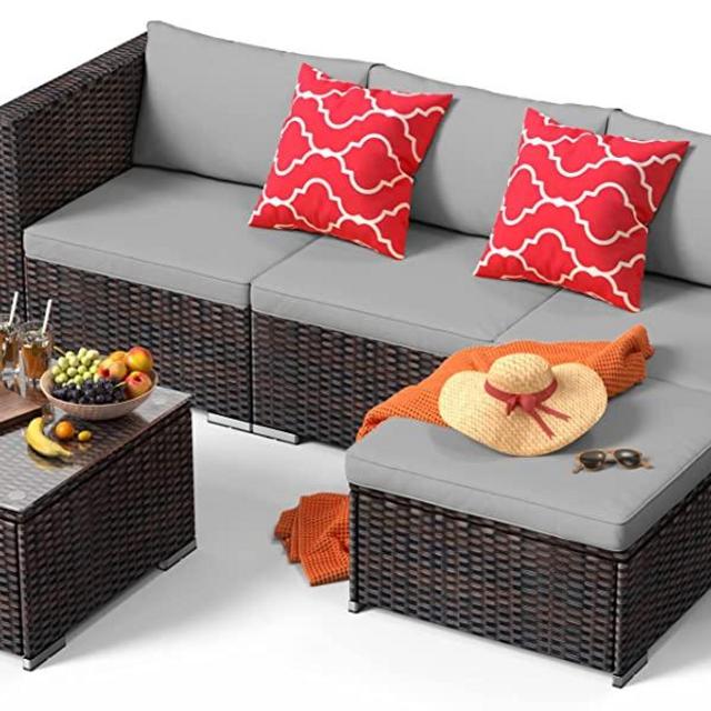 5 Pieces Outdoor Patio Furniture Set, PE Wicker Rattan Outdoor Sectional Patio Set with Cushion and Glass Table, Patio Sofa for Outdoor Patio, Porch, Backyard, Balcony, Poolside, Garden, Grey