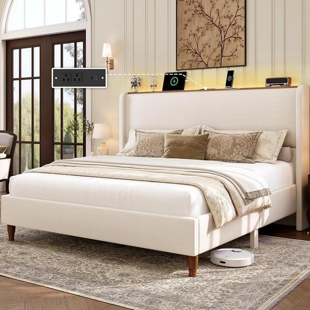 LARMACE Queen Size Bed Frame with LED Lights and Charging Station Linen Upholstered Platform Bed Frame with 51.2" Tall Headboard Wingback and Storage Shelf, No Box Spring Needed, Noise Free, Beige