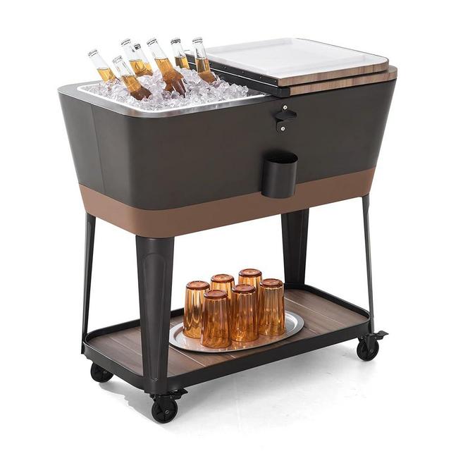 Sunjoy 80-Quart Wood Grain Finish Metal Rolling Ice Chest Cooler Cart with Storage Shelf, Steel Bottle Opener, and Lockable Wheels, Copper