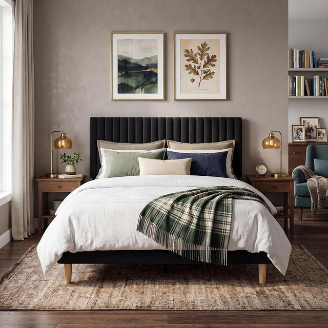 Garvee Queen Size Velvet Bed Frame, Vertical Channel Tufted Headboard, Height Adjustable, Upholstered Platform Bed, No Box Spring Needed, Black