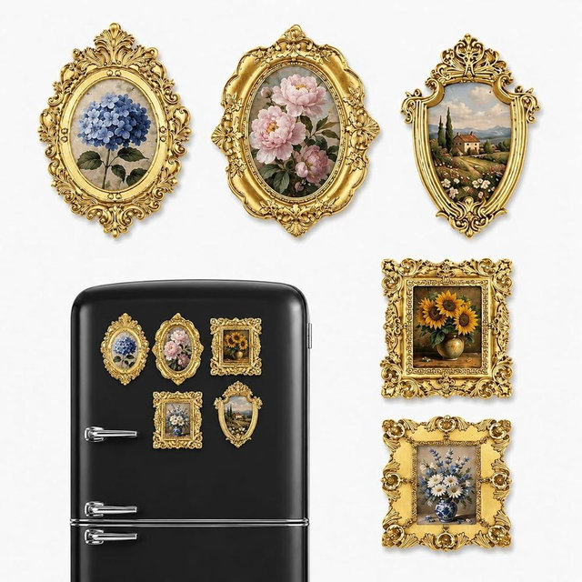 Evervalora 5pcs Mini Frames Magnet Frames for Refrigerator Small Vintage Photo Frames with Soft Magnet Backing, Antique Table Decor for Wedding, Christmas (Gold)
